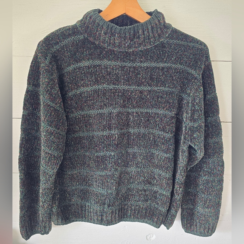 Vintage 90s Jessi Lee Green/multi-color Sweater Crochet Detail Stripes Womens L